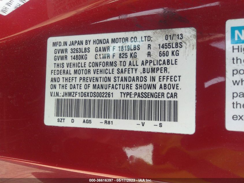 2013 HONDA CR-Z EX - JHMZF1D6XDS002261