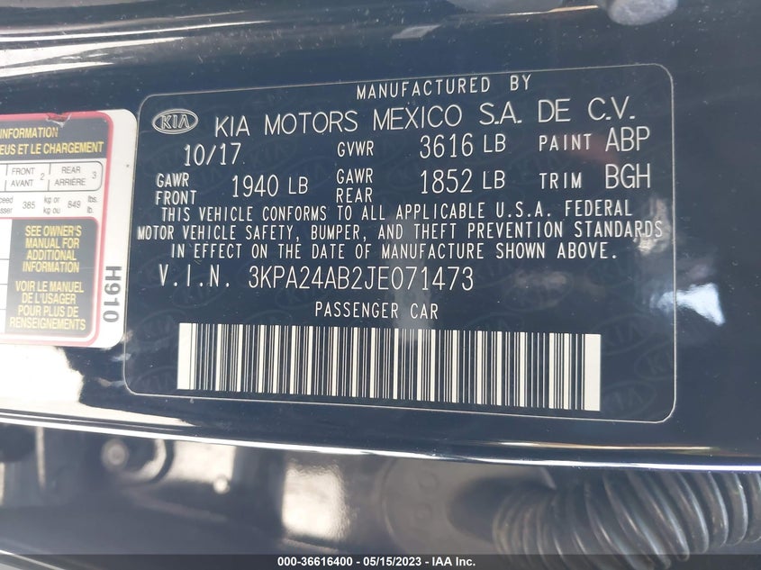 VIN 3KPA24AB2JE071473 2018 KIA RIO LX