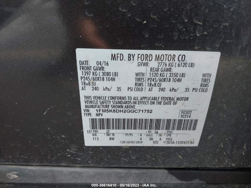 2016 FORD EXPLORER XLT - 1FM5K8DH2GGC71752