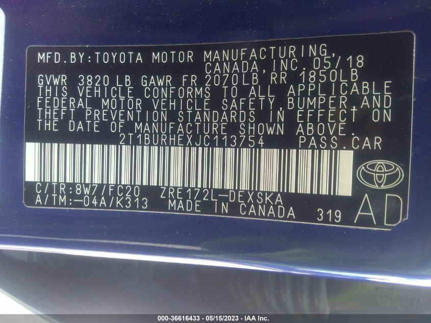 2018 TOYOTA COROLLA L/LE/XLE/SE/XSE - 2T1BURHEXJC113754