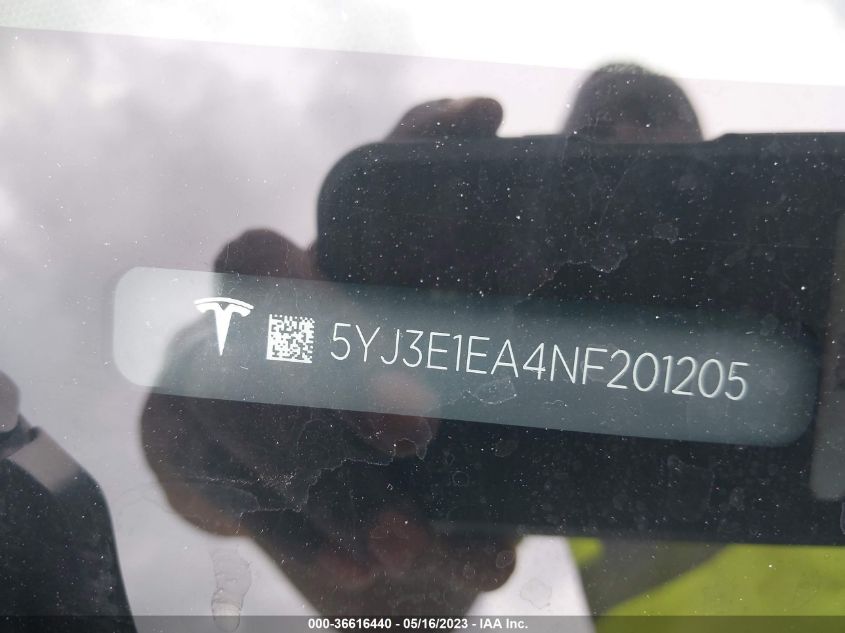 2022 TESLA MODEL 3 - 5YJ3E1EA4NF201205