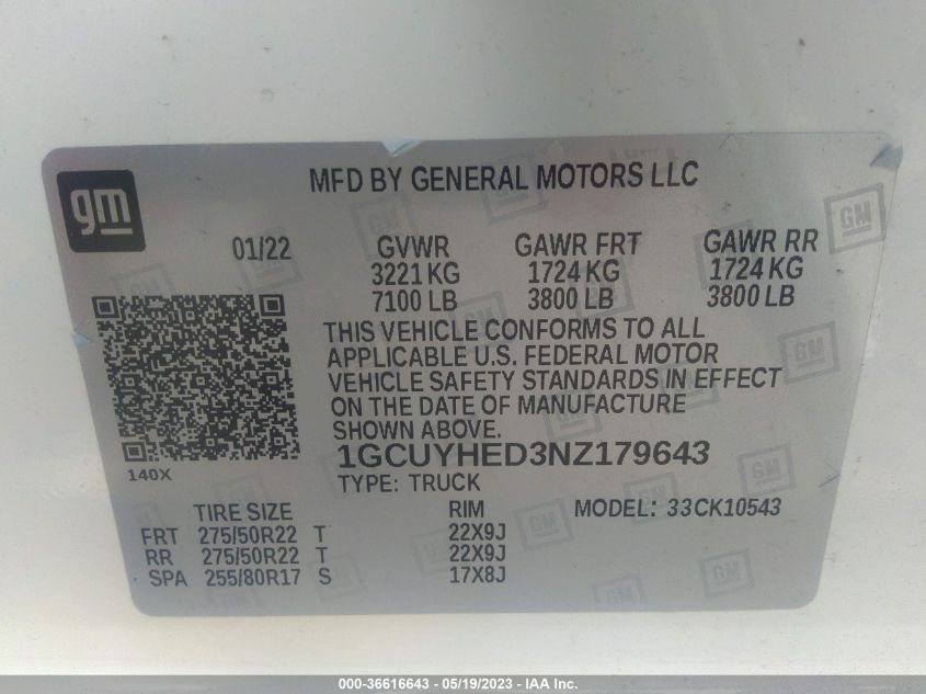 2022 CHEVROLET SILVERADO 1500 LTD HIGH COUNTRY 1GCUYHED3NZ179643