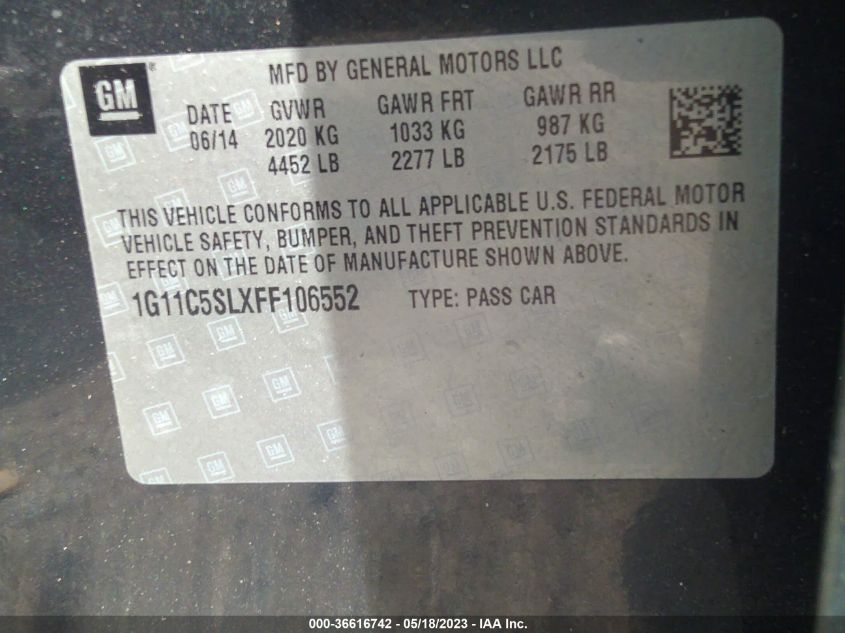 2015 CHEVROLET MALIBU LT - 1G11C5SLXFF106552