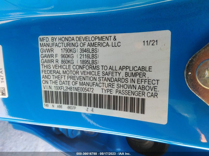 2022 HONDA CIVIC HATCHBACK SPORT - 19XFL2H81NE005472