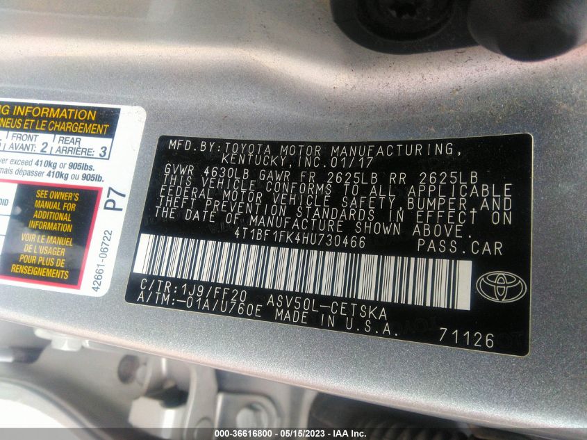 2017 TOYOTA CAMRY XLE/SE/LE/XSE - 4T1BF1FK4HU730466