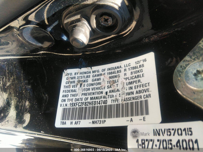 VIN 19XFC2F82HE014740 2017 HONDA CIVIC SEDAN EX