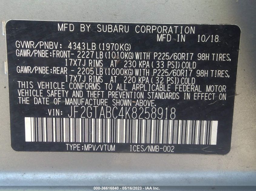 2019 SUBARU CROSSTREK - JF2GTABC4K8258918