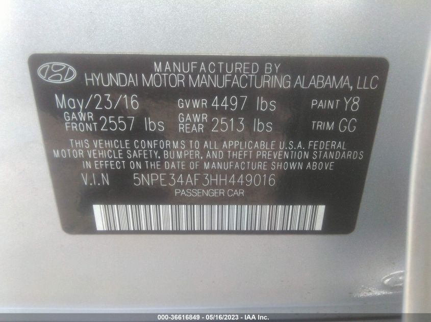 2017 HYUNDAI SONATA SPORT - 5NPE34AF3HH449016