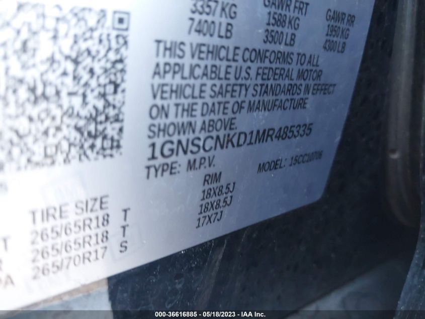 2021 CHEVROLET TAHOE LT - 1GNSCNKD1MR485335