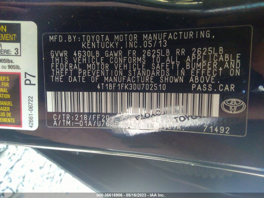 2013 TOYOTA CAMRY SE - 4T1BF1FK3DU702510