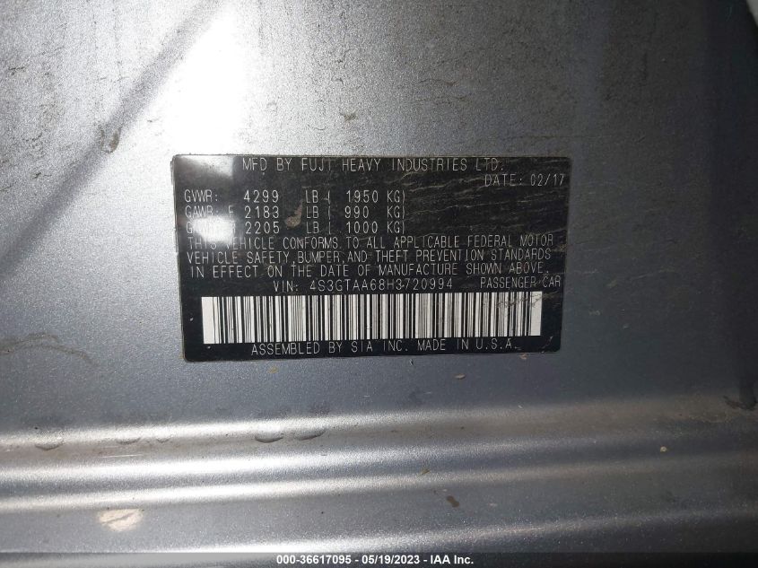 2017 SUBARU IMPREZA 4S3GTAA68H3720994