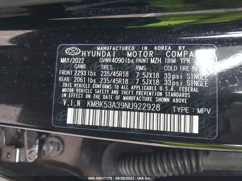 2022 HYUNDAI KONA LIMITED - KM8K53A39NU922928