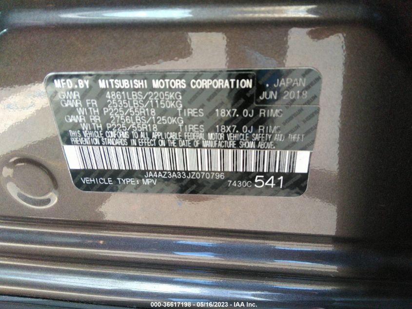 2018 MITSUBISHI OUTLANDER ES/SE/SEL/LE - JA4AZ3A33JZ070796