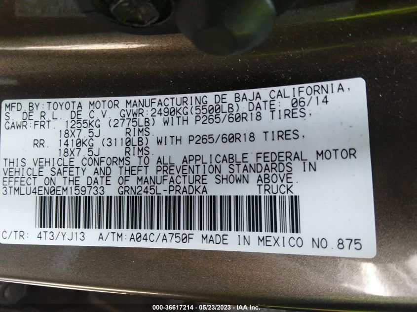 2014 TOYOTA TACOMA - 3TMLU4EN0EM159733