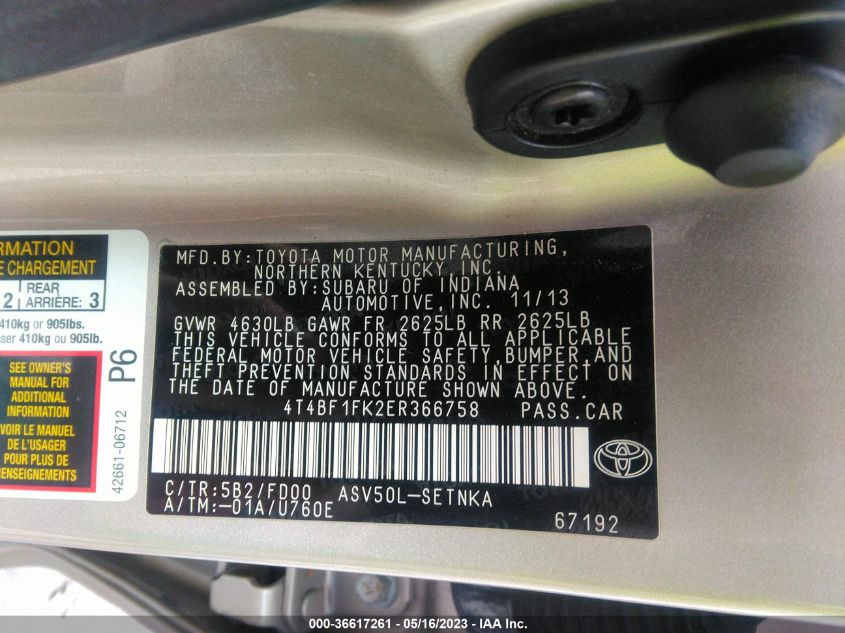 2014 TOYOTA CAMRY L/LE/XLE/SE/SE SPORT - 4T4BF1FK2ER366758