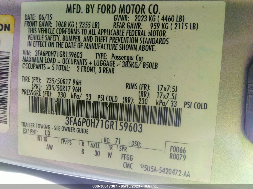 2016 FORD FUSION SE - 3FA6P0H71GR159603