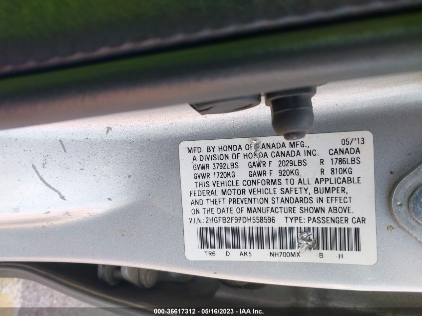2013 HONDA CIVIC SDN EX-L - 2HGFB2F97DH558596