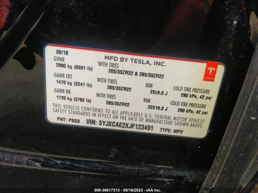 2018 TESLA MODEL X 75D/100D/P100D - 5YJXCAE2XJF123491