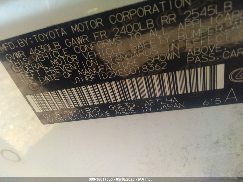 2014 LEXUS IS 250 - JTHBF1D2XE5018362