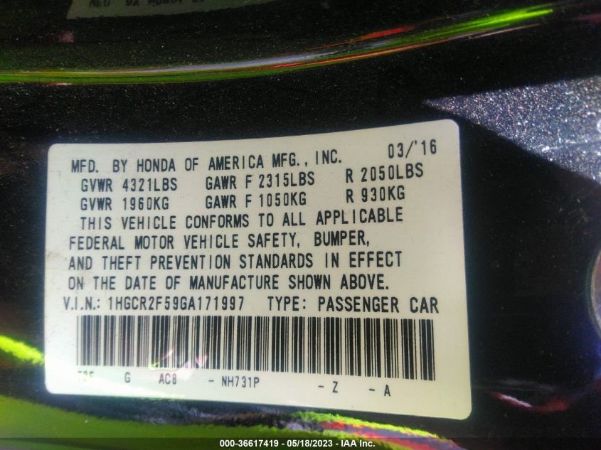 2016 HONDA ACCORD SEDAN SPORT - 1HGCR2F59GA171997