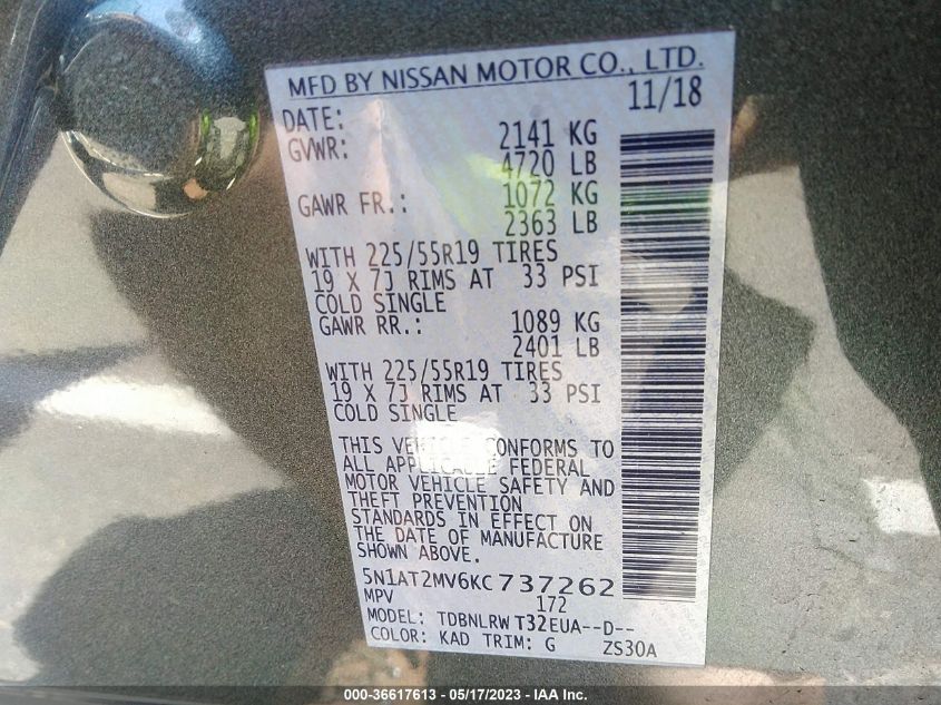 2019 NISSAN ROGUE SL - 5N1AT2MV6KC737262