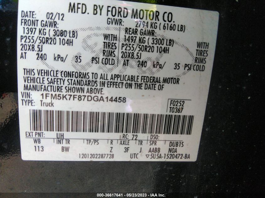 2013 FORD EXPLORER LIMITED - 1FM5K7F87DGA14458