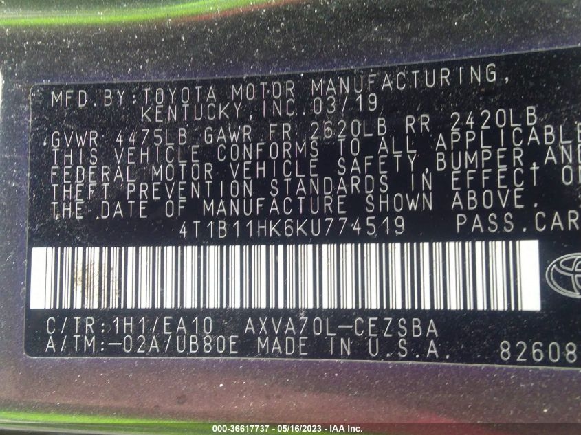 2019 TOYOTA CAMRY LE/SE/XLE/L - 4T1B11HK6KU774519