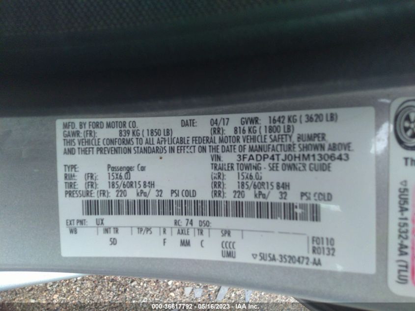 2017 FORD FIESTA S - 3FADP4TJ0HM130643