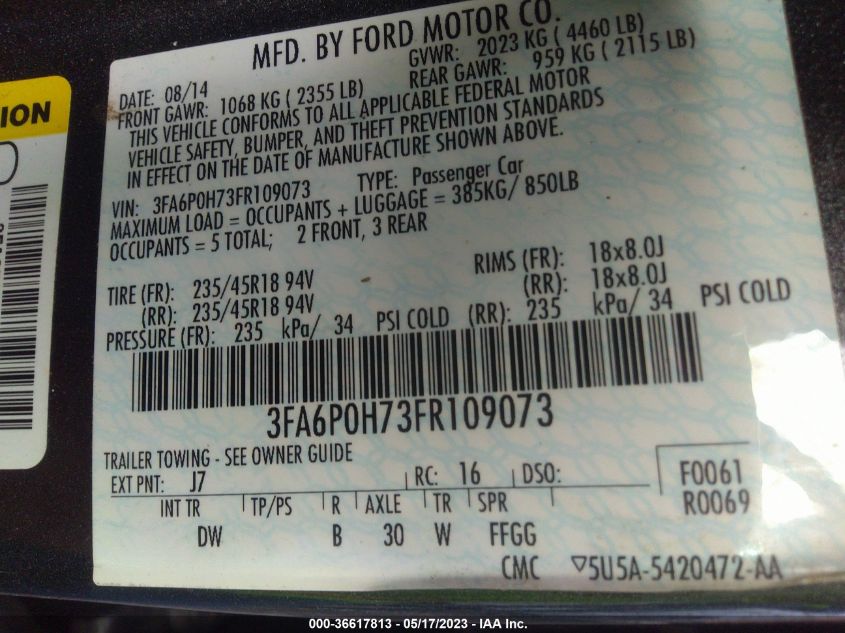 2015 FORD FUSION SE - 3FA6P0H73FR109073