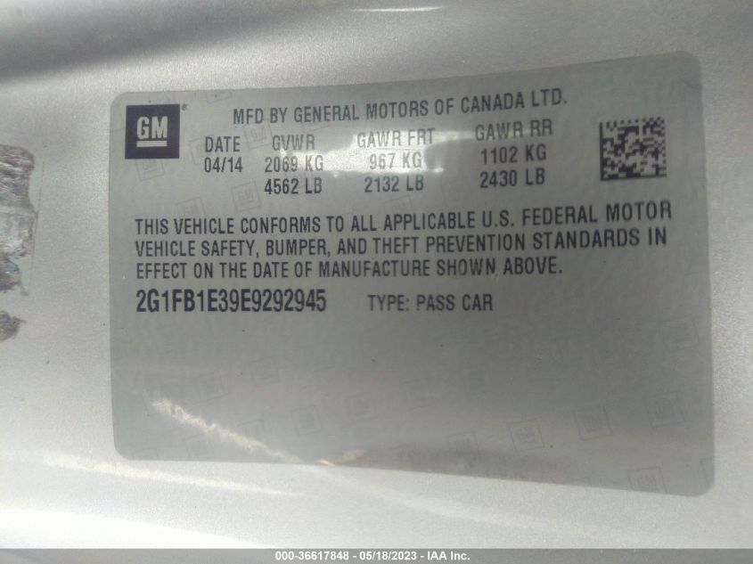 2014 CHEVROLET CAMARO LT - 2G1FB1E39E9292945