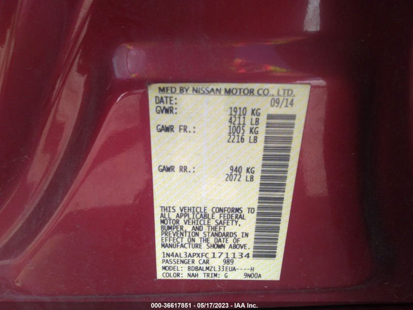 2015 NISSAN ALTIMA 2.5 SV - 1N4AL3APXFC171134