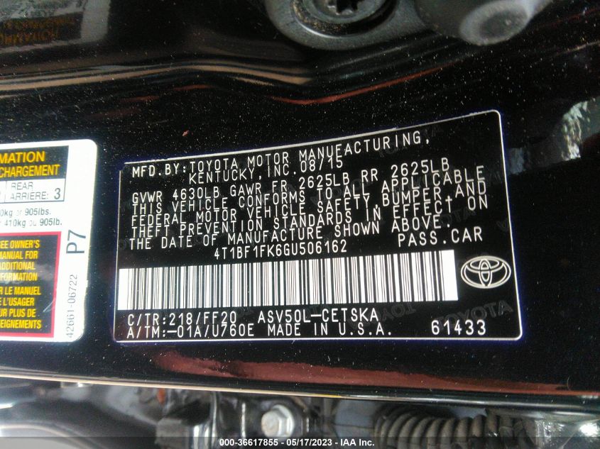 2016 TOYOTA CAMRY XLE/SE/LE/XSE - 4T1BF1FK6GU506162