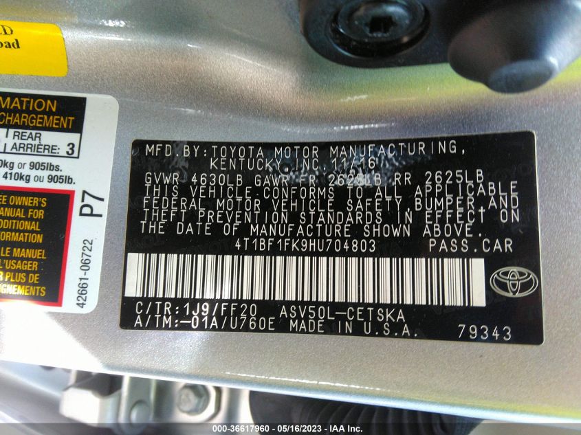 2017 TOYOTA CAMRY XLE/SE/LE/XSE - 4T1BF1FK9HU704803