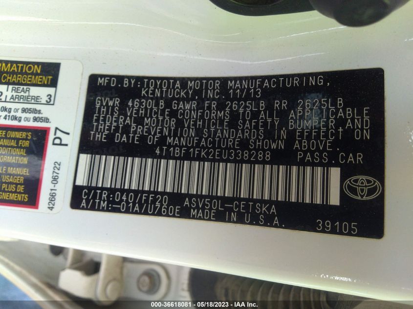 2014 TOYOTA CAMRY L/LE/XLE/SE/SE SPORT - 4T1BF1FK2EU338288
