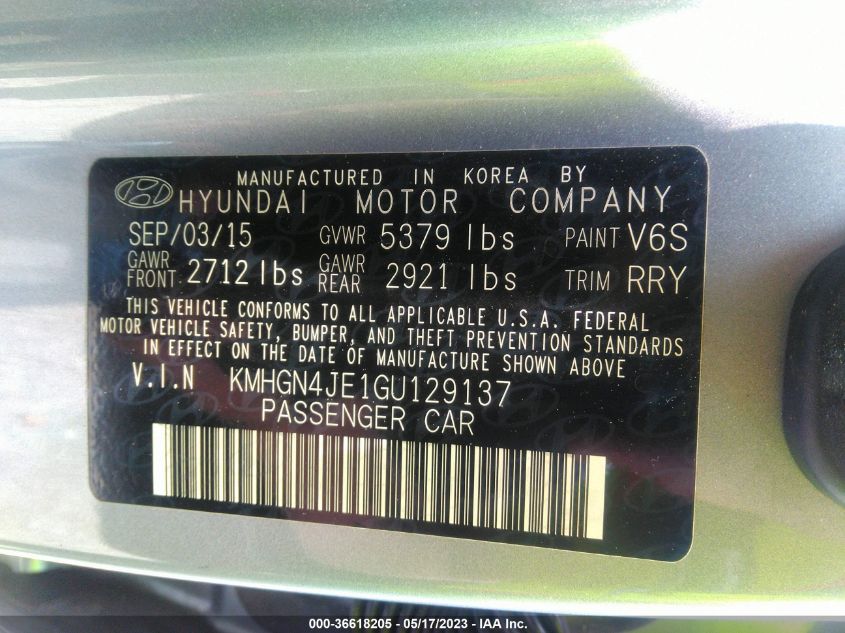 2016 HYUNDAI GENESIS 3.8L - KMHGN4JE1GU129137