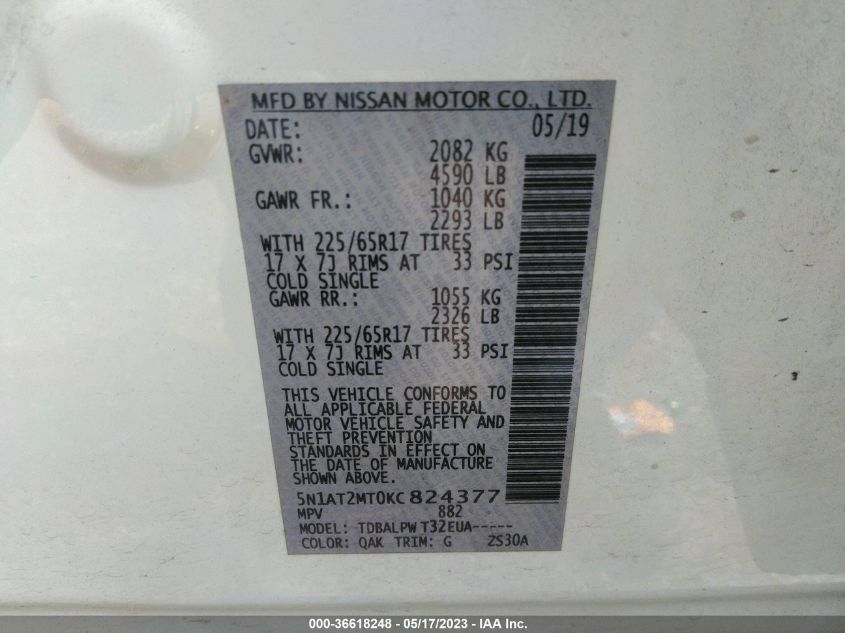 2019 NISSAN ROGUE S - 5N1AT2MT0KC824377