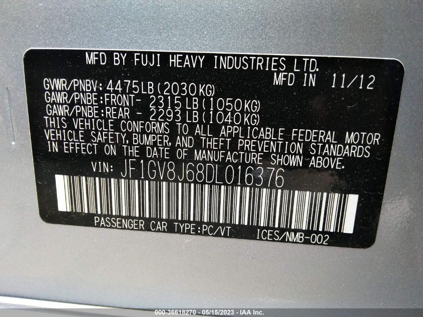 2013 SUBARU IMPREZA SEDAN WRX WRX STI JF1GV8J68DL016376
