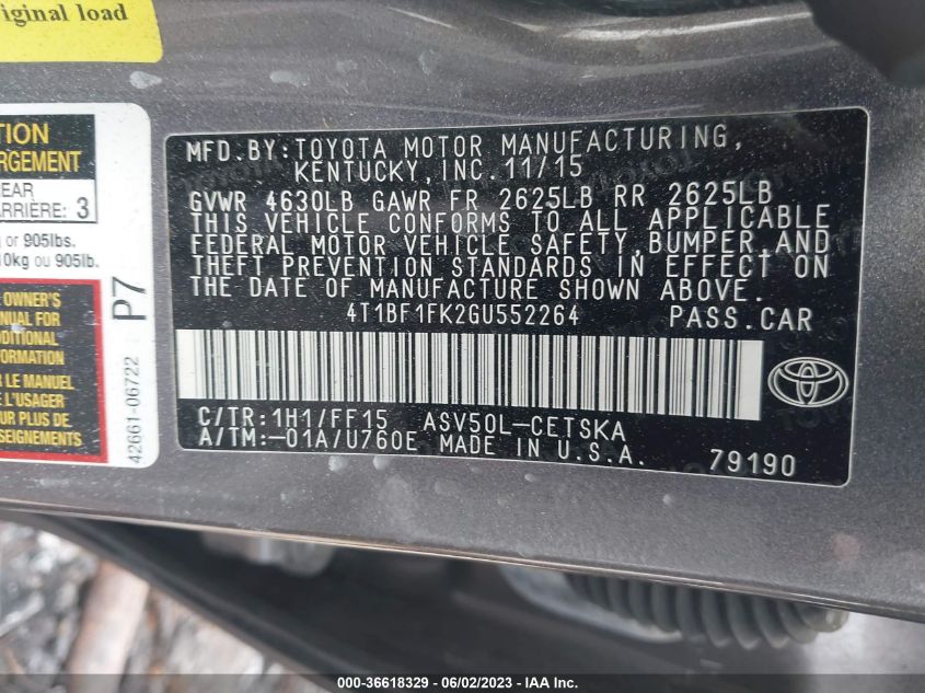 2016 TOYOTA CAMRY XLE/SE/LE/XSE - 4T1BF1FK2GU552264