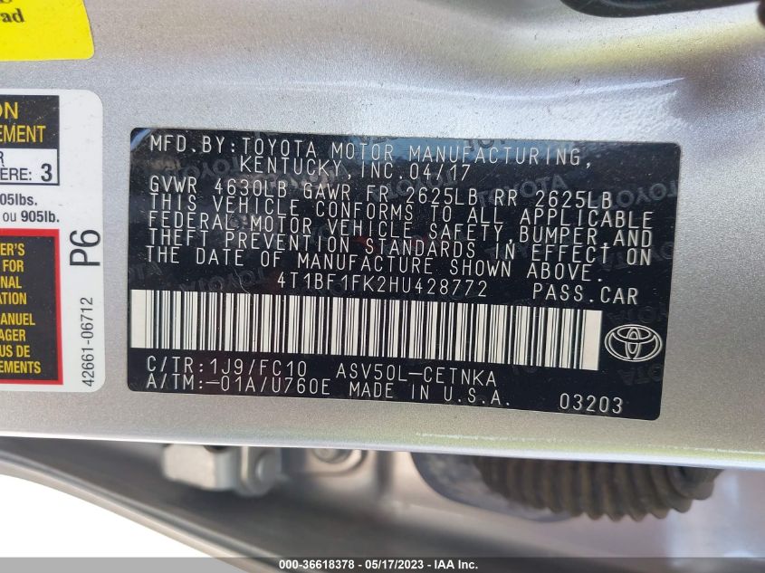 2017 TOYOTA CAMRY LE - 4T1BF1FK2HU428772