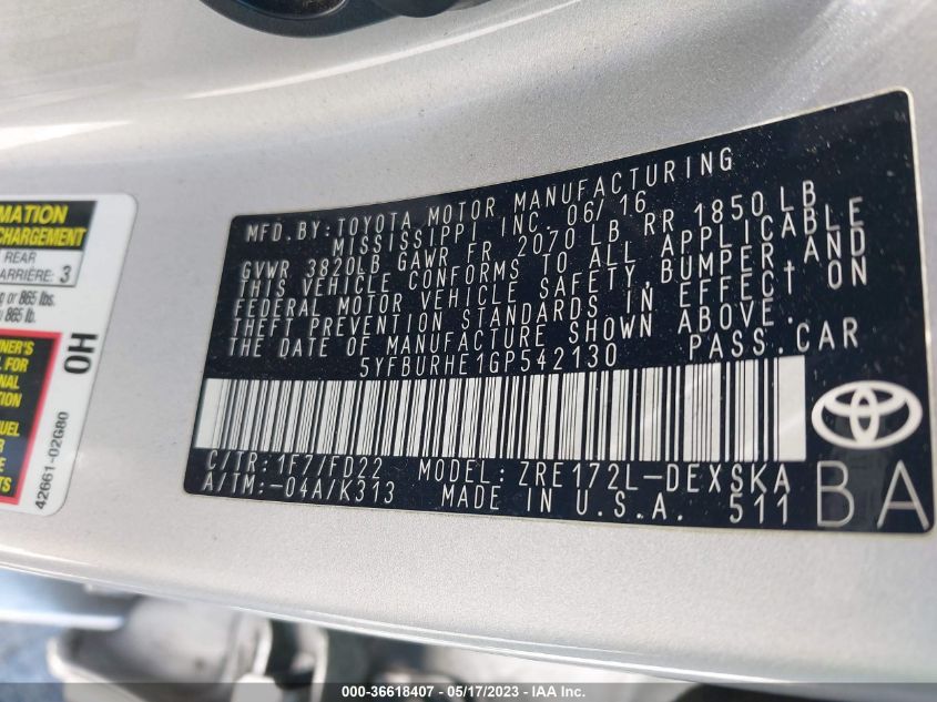 2016 TOYOTA COROLLA L/LE/S/S PLUS/LE PLUS - 5YFBURHE1GP542130