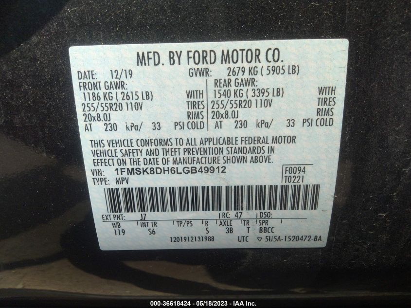 2020 FORD EXPLORER XLT - 1FMSK8DH6LGB49912