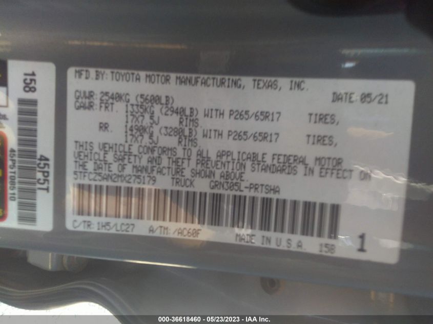 2021 TOYOTA TACOMA 4WD SR/SR5/TRD SPORT - 5TFCZ5AN2MX275179