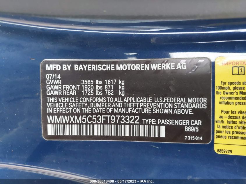 2015 MINI COOPER HARDTOP - WMWXM5C53FT973322