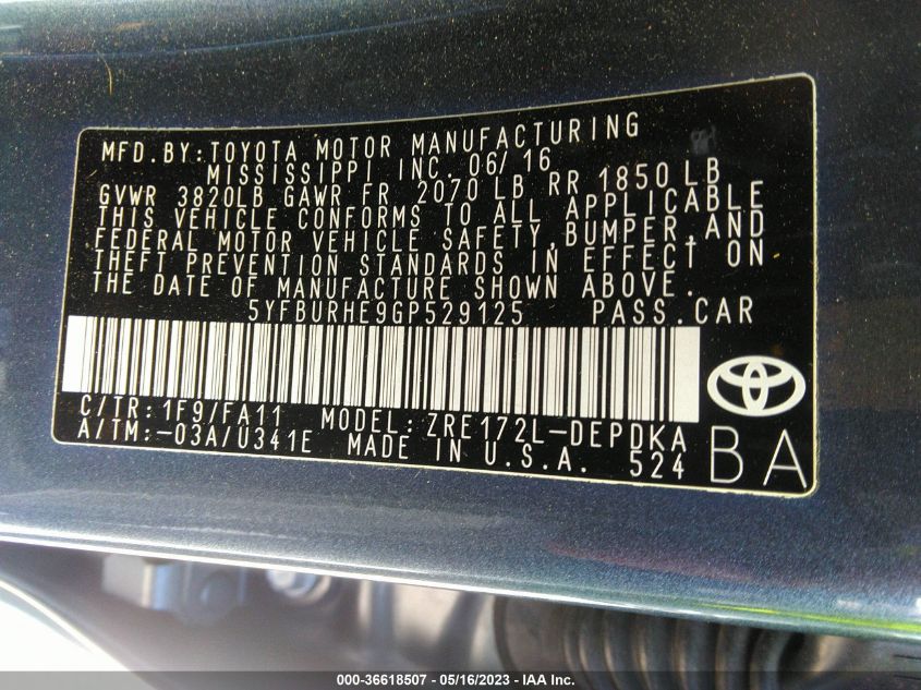 2016 TOYOTA COROLLA L/LE/S/S PLUS/LE PLUS - 5YFBURHE9GP529125