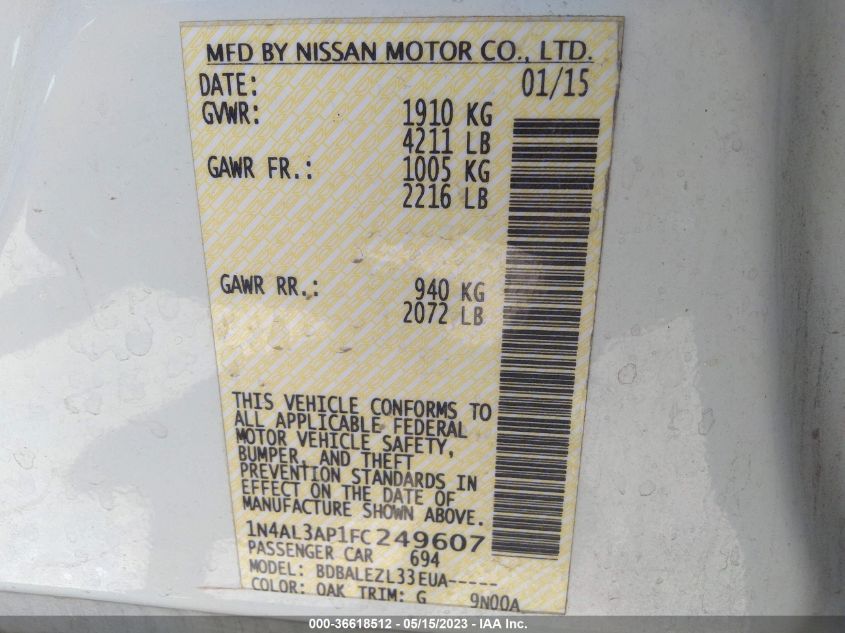 2015 NISSAN ALTIMA 2.5 S - 1N4AL3AP1FC249607