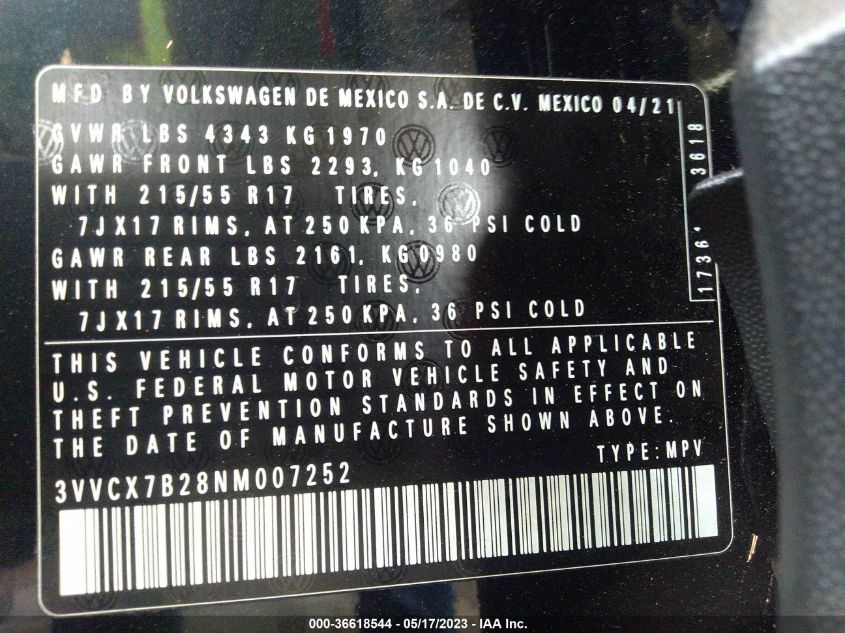 2022 VOLKSWAGEN TAOS S - 3VVCX7B28NM007252
