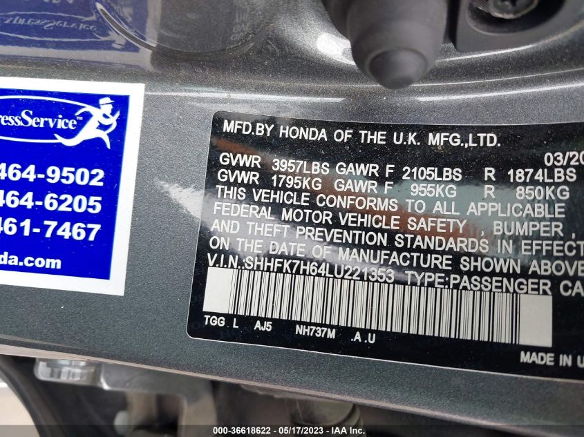 2020 HONDA CIVIC HATCHBACK EX - SHHFK7H64LU221353