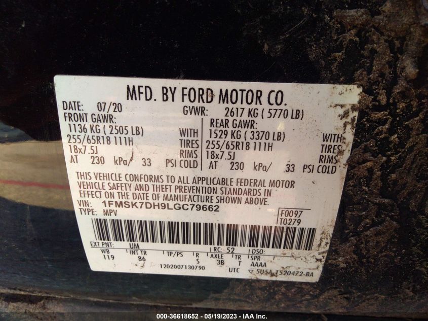 2020 FORD EXPLORER XLT - 1FMSK7DH9LGC79662