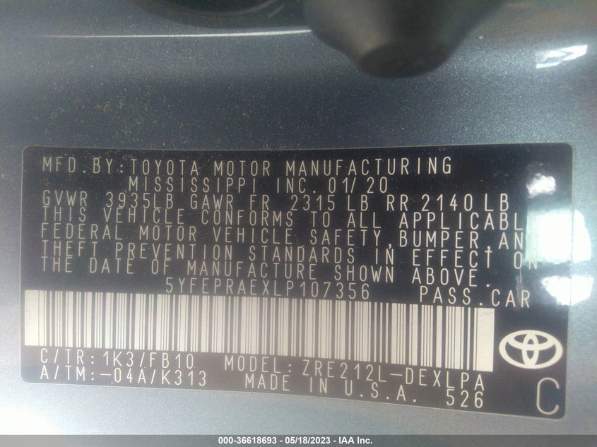 VIN 5YFEPRAEXLP107356 2020 TOYOTA COROLLA LE