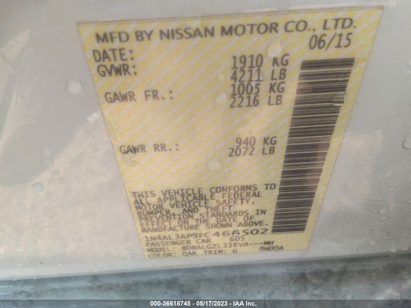 2015 NISSAN ALTIMA 2.5 S - 1N4AL3AP9FC466502